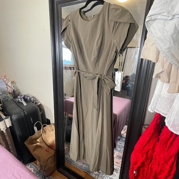 NWT - Calvin Klein Tulip Sleeve A-Line Dress in Green with waist tie - Size 8 - Picture 3 of 7